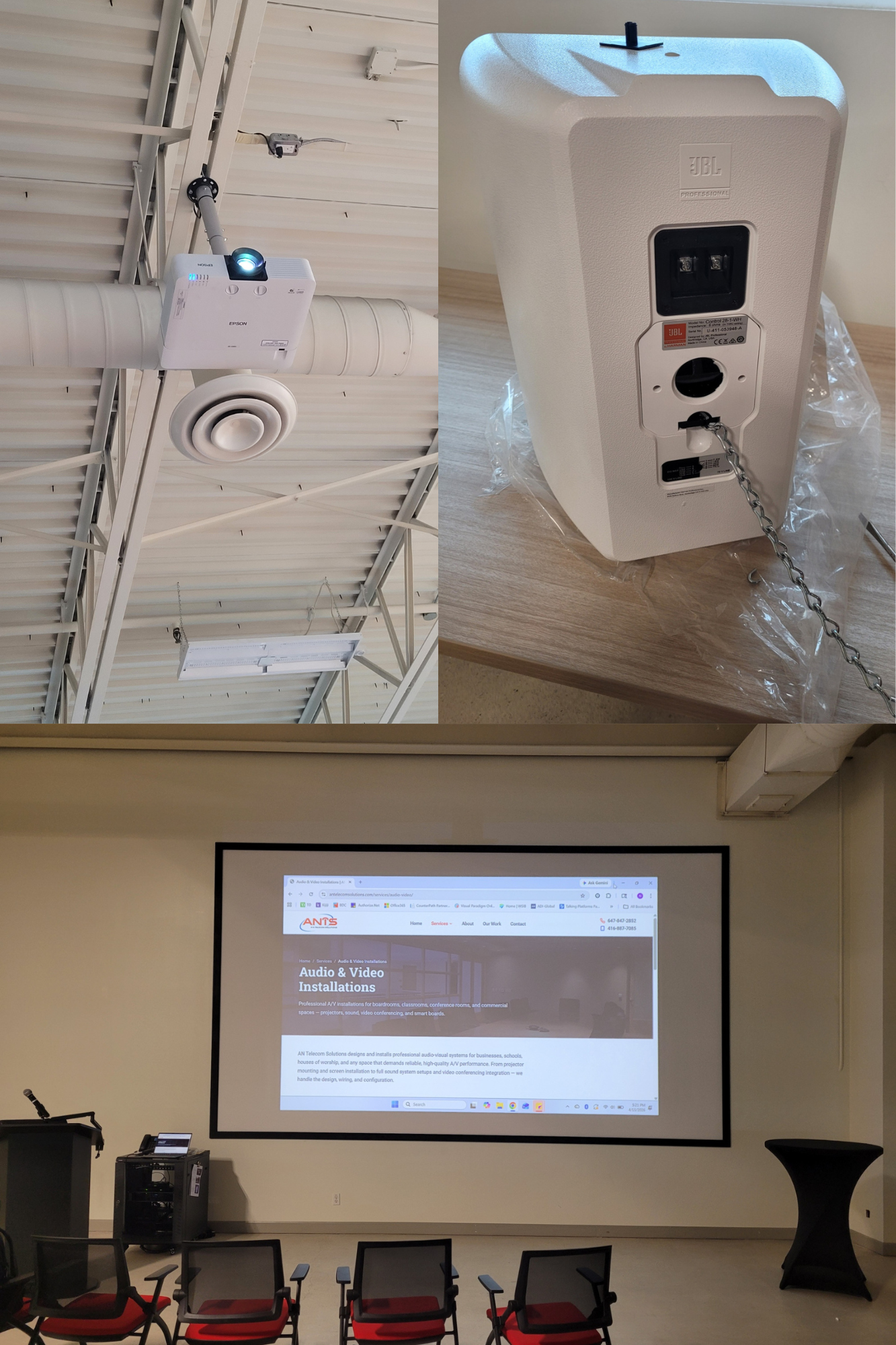 Commercial audio-video installation — speakers, displays, and cabling