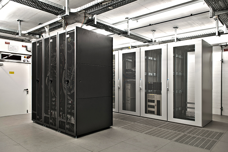Server rack with organized network cabling in a data center